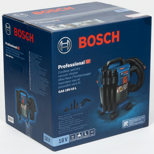 Аккумуляторный пылесос Bosch GAS 18V-10 L: сменный системный аккумулятор 18 В, безмешковая система сбора мусора, четыре колесика и плечевой ремень